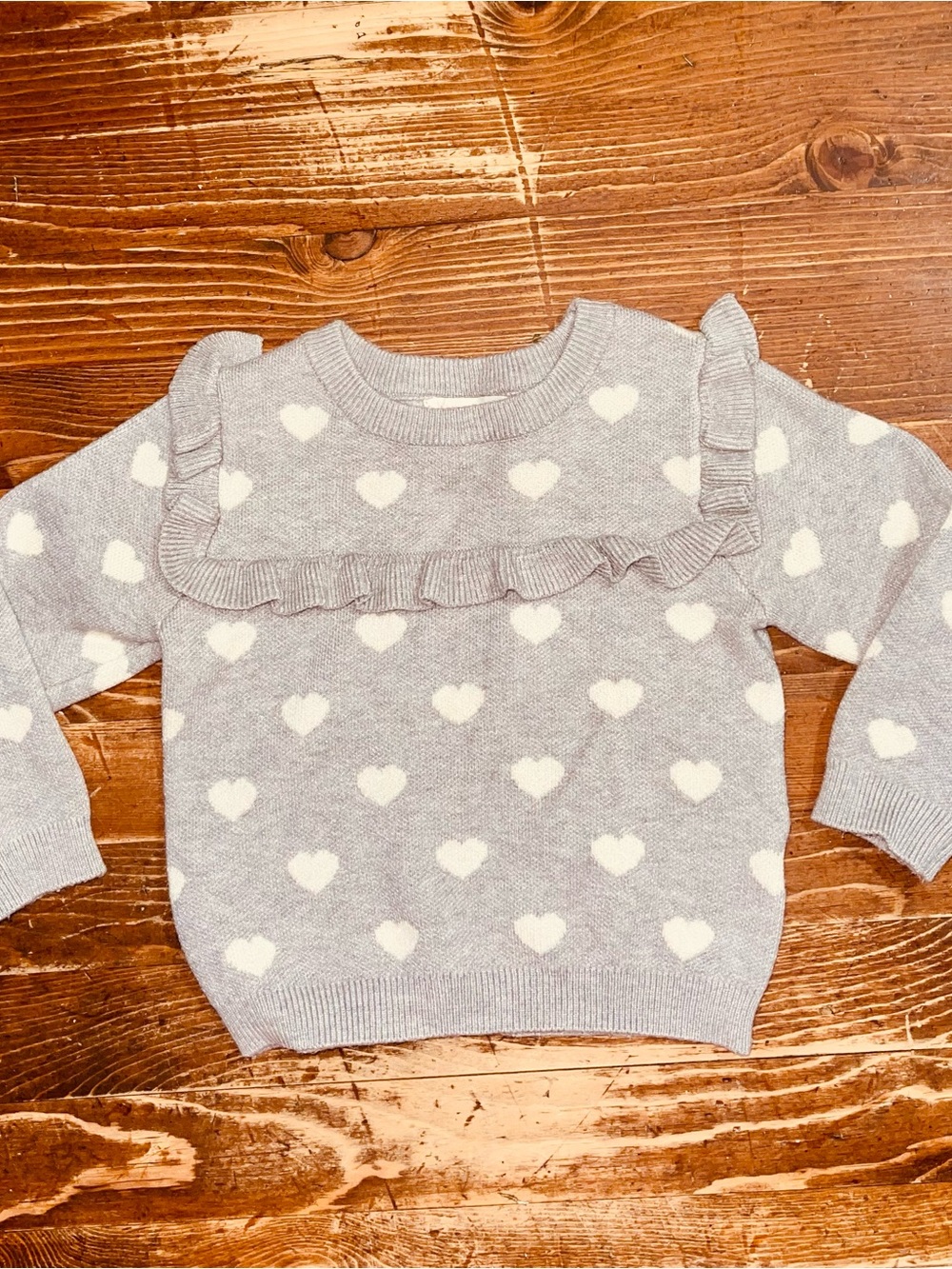 btween Gray Heart Knit Sweater with Ruffle Trim